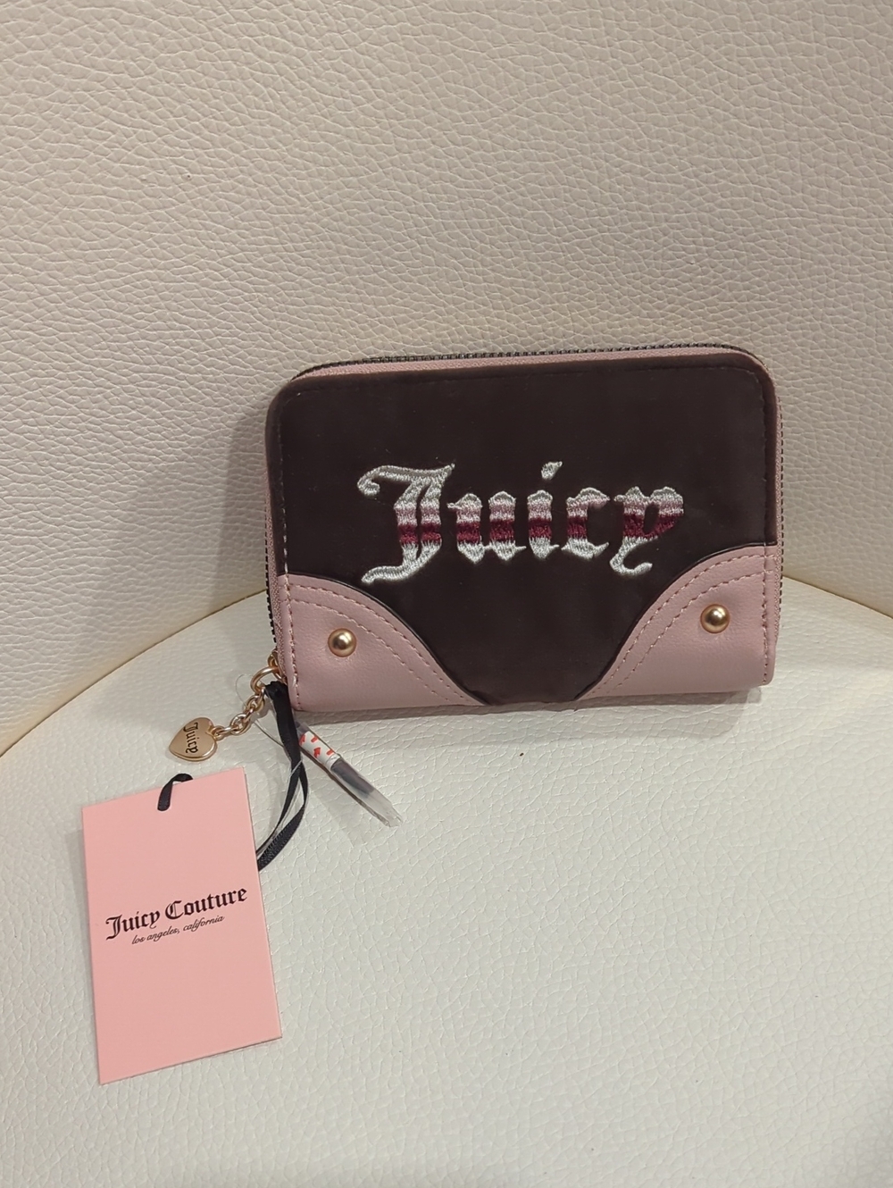 Juicy Couture Brown and Pink Embroidered Zip Wallet